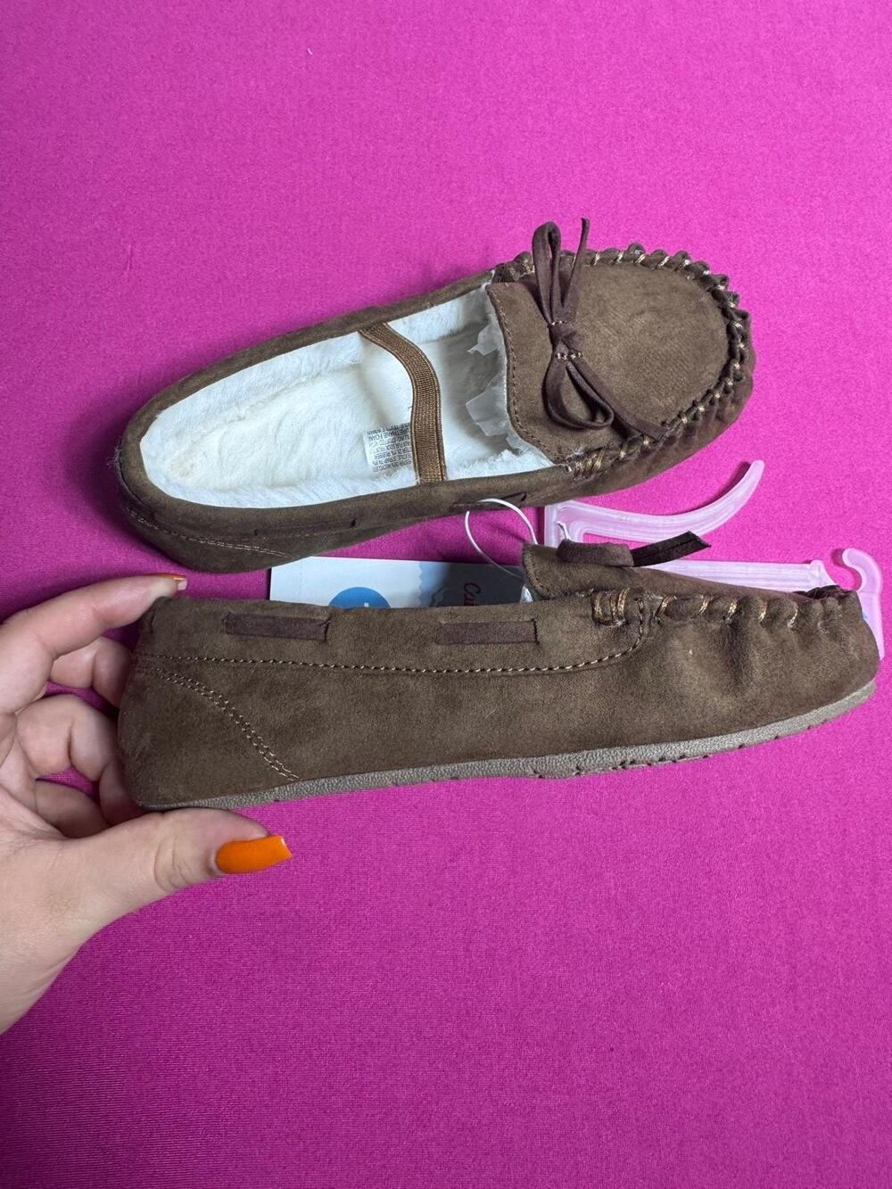 George Moccasin Slippers Brown Suede Faux Fur Lined Cozy Toddler Size 12